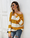 Women Sexy Round Neck Wide Stripe Loose sweater