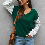 Suéter de manga larga con cuello en V y contraste de colores para mujer 