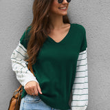 Women V-Collar Contrast Color Splicing Long Sleeve Sweater