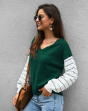 Suéter de manga larga con cuello en V y contraste de colores para mujer 