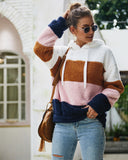 Women Contrast Color Hooded Plush Sweatshirt