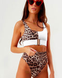 High-waisted Leopard Stitched Colored Bikini Swimwear