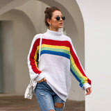 Women‘s High Collar Rainbow Stripes Knit Long Sweater