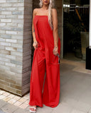 Tube Top Wide Leg Party Pocket Backless Zipper Jumpsuit Red