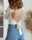 High Collar Bow Knot Backless Knit Sweaters White