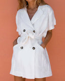 V-neck White Linen Cardigans Coats Mini Dress