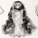 Bufanda de seda larga y fina con estampado de loto para mujer