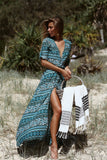Bohemian Print Dress Beach Skirt V-neck 1/2 Sleeves Plus Size Boho Floral Dresses