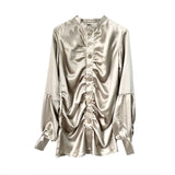 Champagne Satin Pleated Long Sleeve Gold Buttoned Shirt Mini Dresses