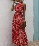 Red Wave Bohemian Boho Printed Hanging Neck Straps Maxi Dresses