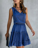 V-neck Lace-up Pleated Elastic Waist Mini Dress