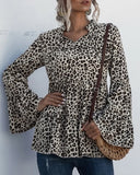 Leopard Print Lace-up Blouse Flared Sleeves Shirt