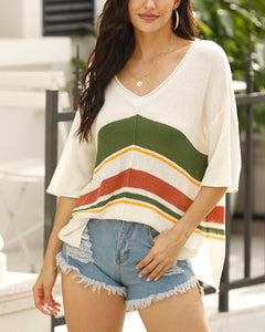 V-neck Contrast Stripe Knitted Beach Sweater Pullover