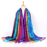 Bufanda larga con estampado de plumas de arcoíris, bufandas con flecos para mujeres y niñas
