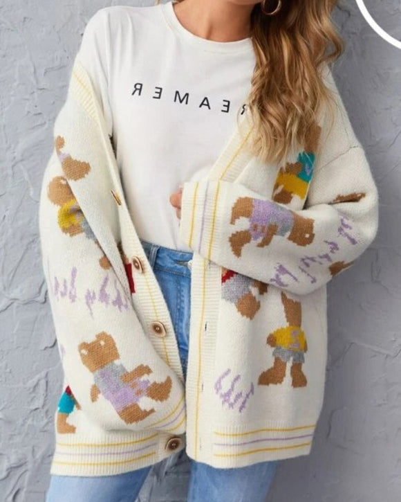 Cardigan en tricot de dessin animé ours à boutonnage simple à col en V