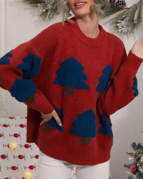 Suéter de gran tamaño con contraste de dibujos animados de punto de árbol de Navidad