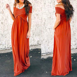 Wrinkle Off The Shoulder Party Vacation Maxi Dresses