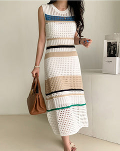 Knit Hollow-out Round Neck Sweater Midi Dresses