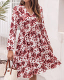 Floral V-neck Bubble Elastic Waist Long Sleeves Mini Midi Dresses