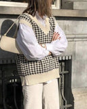Houndstooth V-neck Knitted Vest Sweaters