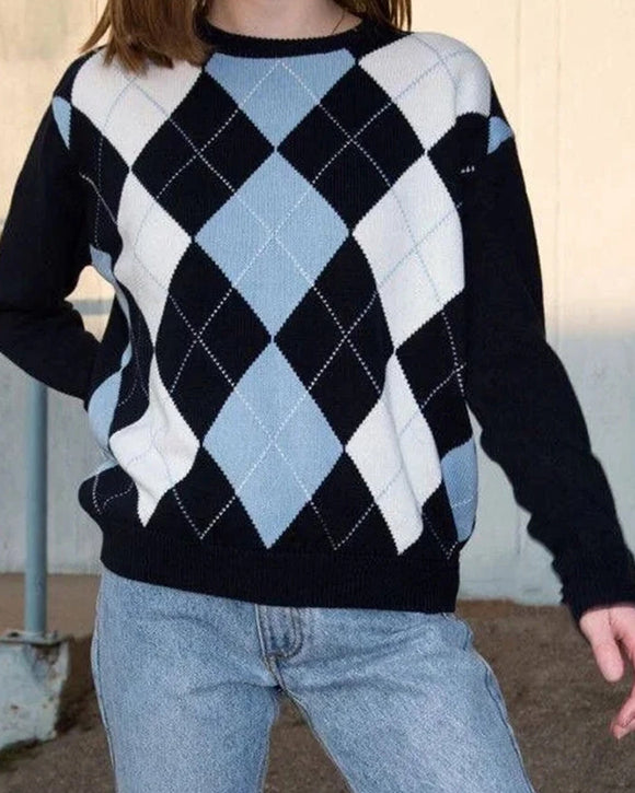 Diamond Lattice Contrast Knitting Sweater