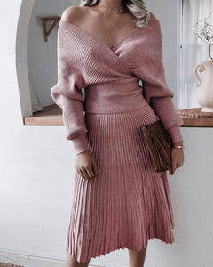 Suéter de punto plisado con dobladillo irregular y cuello en V Vestidos a media pierna Rosa