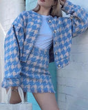 Costume de robe de jupe de veste courte à manches longues avec boucle perlée pied-de-poule 