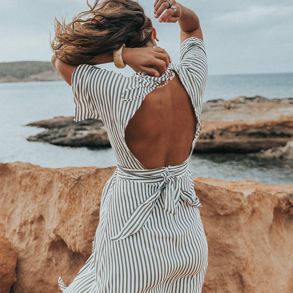 Deep V Striped Backless Seaside Vacation Maxi Dresses
