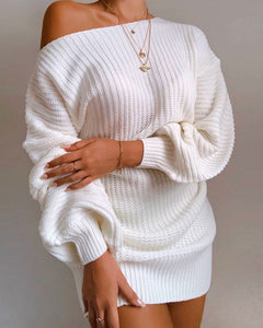 One Shoulder Lantern Sleeve Knit Sweater Mini Dresses
