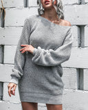 One Shoulder Lantern Sleeve Knit Sweater Mini Dresses