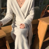V-neck Cross Straps Long Knit Cardigan Midi Dresses White