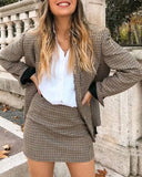 Single-breasted Houndstooth Coat Blazer Skirt Two-piece Suit