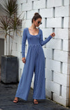 U-neck Sexy Wide-leg Long-sleeved Striped Jumpsuit