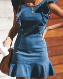 Vacation Blue Denim Ruffles Sleeves Mini Dresses