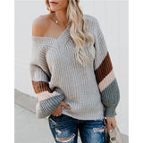 Women's V Neck Stripe Splicing Lantern Sleeve Sweater