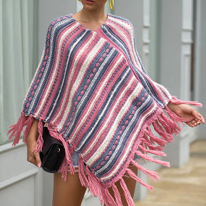 Tassel Fringed Pullover Diagonal Stripes Sweater Cloak Shawl Cape