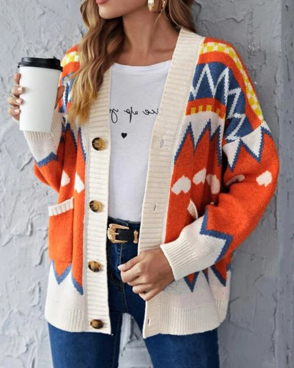 Argyle Pattern Geometry Contraste Color Cardigan Knit Sweater Prendas de abrigo