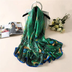 Pañuelo largo de seda con plumas de pavo real para mujer