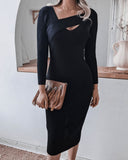 Round Neck Knit Bodycon Sweaters Midi Dresses Black