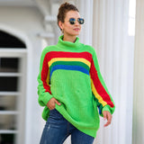 Suéter largo de punto con rayas arcoíris y cuello alto para mujer 