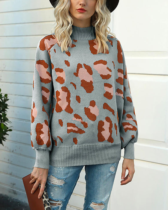 Suéteres de punto con manga farol y estampado de leopardo