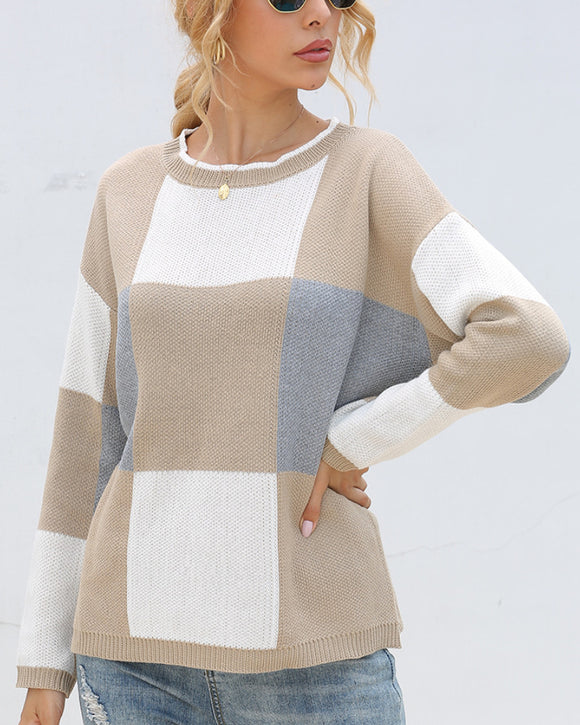 Plaid Knit Oversize Contrast Color Sweaters
