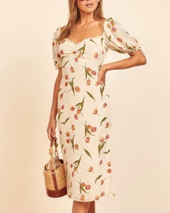 Square Collar Puff Sleeve Ruffled Backless Floral Midi Dresses