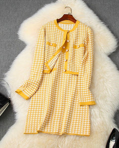 Classic Houndstooth Single-breasted Cardigan Vest Dress Two-piece Set Yellow
