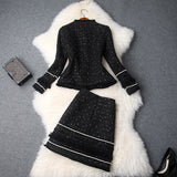 Blazer de tweed con borlas en la cintura elástica con abalorios de un solo pecho, minifalda acampanada, conjunto de dos piezas negro