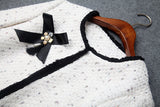 Simple Boutonnage Perles Taille Élastique Gland Tweed Blazers Mini A-ligne Jupe Costume Deux Pièces Ensemble Noir