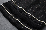 Single-breasted Beading Elastic Waist Tassel Tweed Blazers Mini A-line Skirt Suit Two-piece Set Black