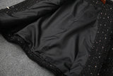 Single-breasted Beading Elastic Waist Tassel Tweed Blazers Mini A-line Skirt Suit Two-piece Set Black