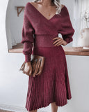 V-neck Irregular Hem Pleated Knit Sweater Midi Dresses Apricot