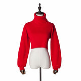 High-collared Lantern Sleeve Crop Tops Sweaters Red